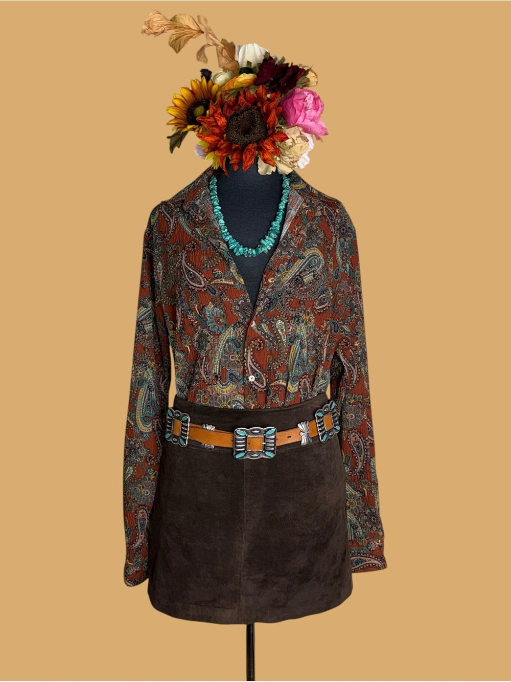 Zara Unisex Paisley Button-Up Blouse in Rust, Teal & Brown